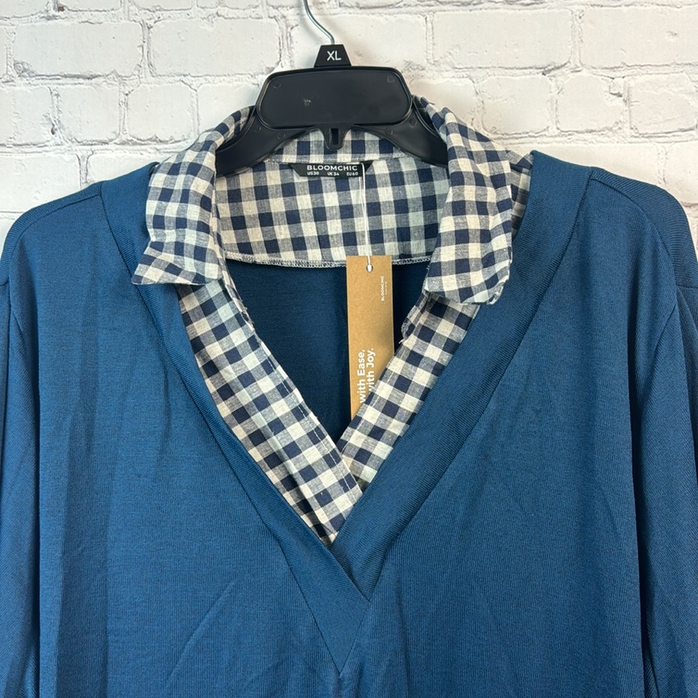 BloomChic Teal Blue And Check Pattern Layered Look Long Sleeve Top Plus 2X 6X - Picture 5 of 7